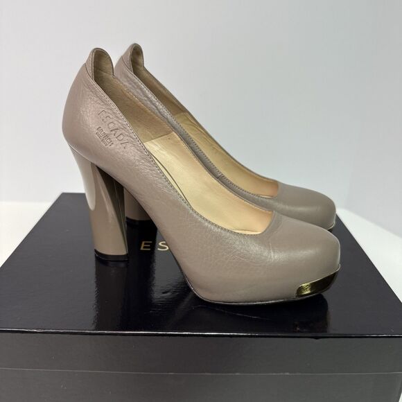 ESCADA Calfskin Leather Platform Pumps Taupe Metal Detail Size EU 35.5 US 5.5 - Picture 3 of 16